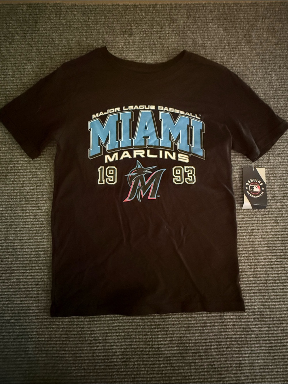 Miami Marlins MLB Baseball T-Shirt Boys Youth Large 12/14 Black Graphic Tee New⁠